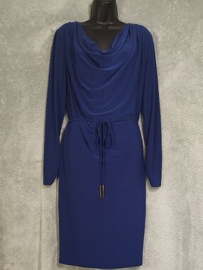 Draped Cowl Neck Long Sleeve Dress in Royal Blue